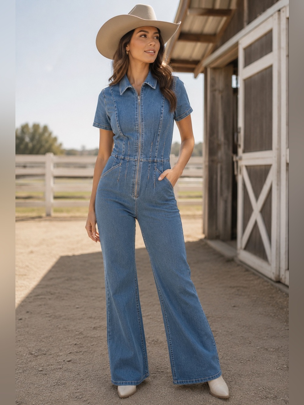 Flare denim zip up‎ jumpsuit western cowgirl 90s Y2K sz L